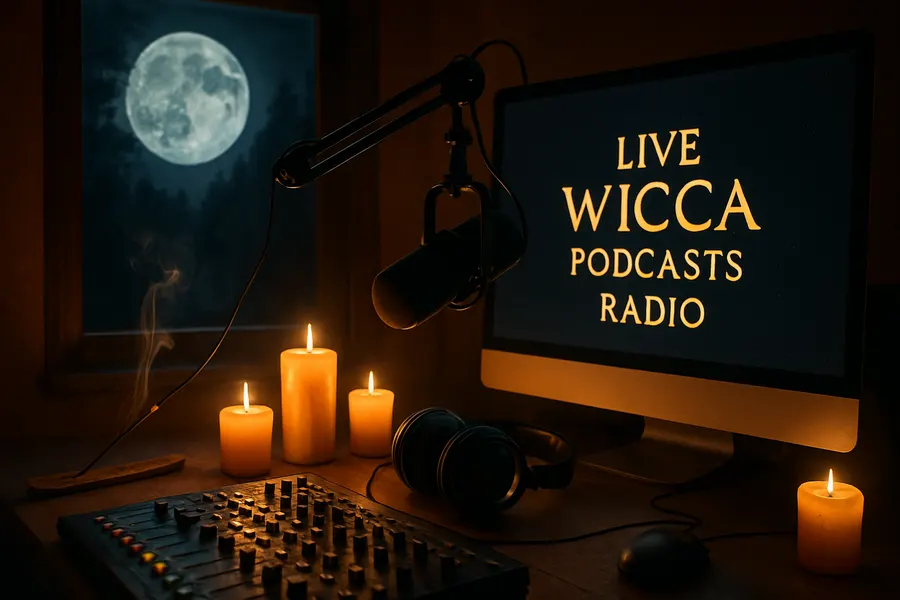 Le studio de Wicca Podcasts Radio à la lueur des bougies, micro et pleine lune